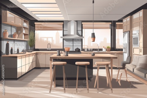 Interior of modern kitchen. 3d illustration. Interior design  Generative Ai