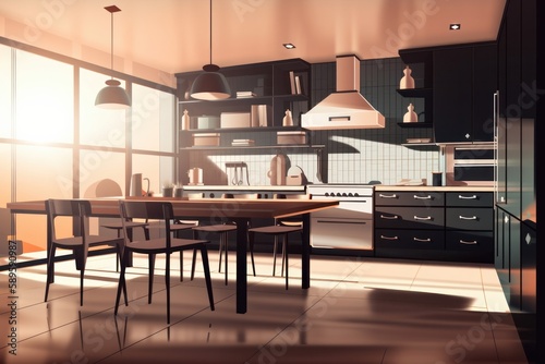 3D rendering of modern kitchen in Scandinavian style design, generative Ai