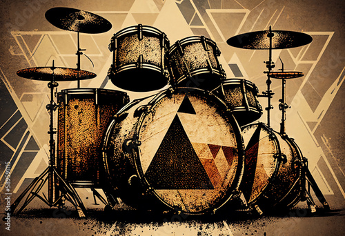 Drumkit background with an abstract vintage distressed texture which is a musical percussion instrument used in blues, rock, jazz and classical music, computer Generative AI stock illustration image photo