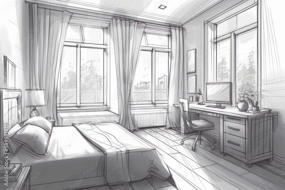 Sketch design of interior bedroom, 3Dillustration sketch design, generative Ai Stock ...