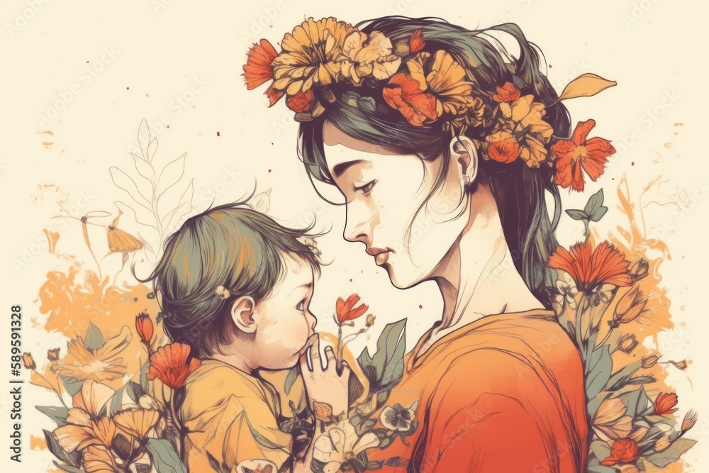 Beautiful mother and her daughter with flowers. Hand drawn illustration, generative Ai Beautiful mother and her daughter with flowers. Hand drawn illustration, generative Ai