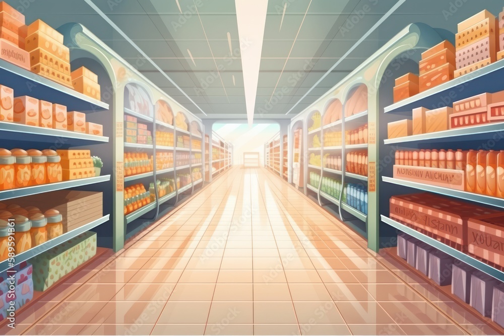 Supermarket interior with shelves full of products. 3d Render illustration, Generative Ai