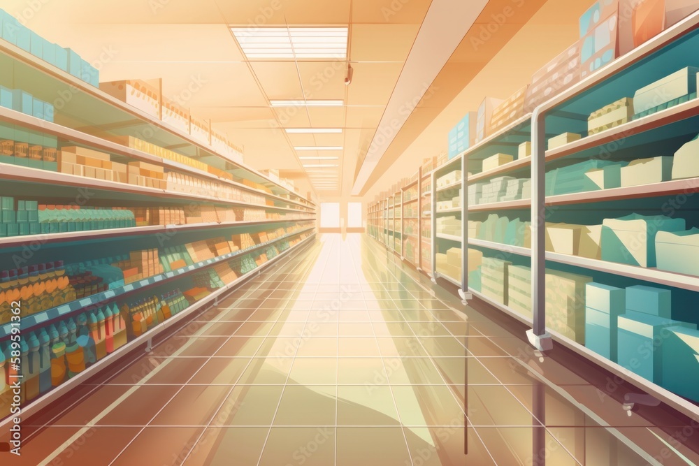 supermarket aisle with shelves and rows of books, 3d render, Generative Ai