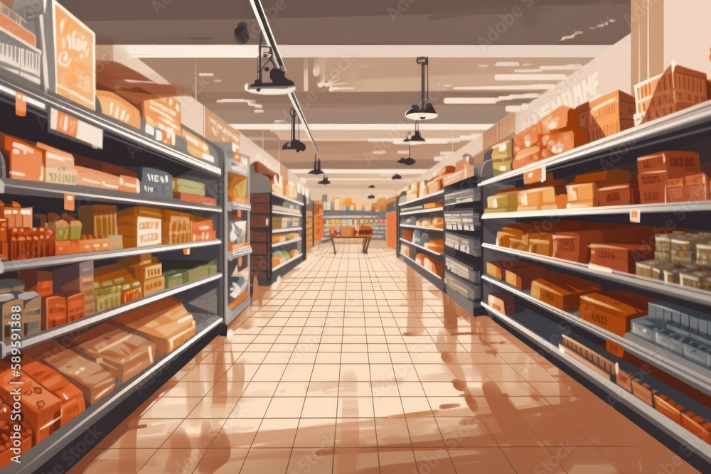 Supermarket interior with shelves and shelves full of products. 3d rendering, Generative Ai