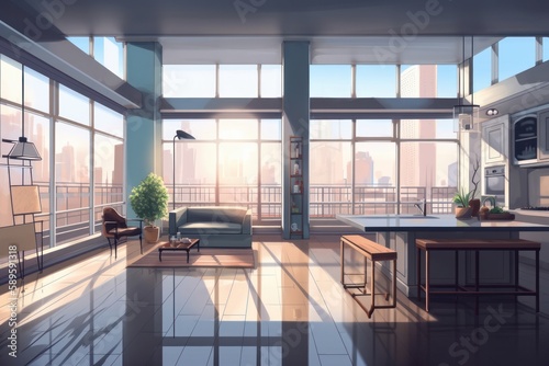 Interior of modern living room with panoramic window and city view  generative Ai