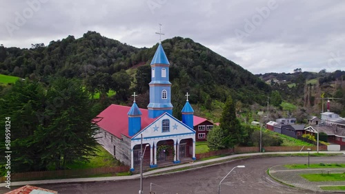 Traditional wood church in Tenaún, Chiloé, Chile. UNESCO World Heritage Sites. Shot by drone photo