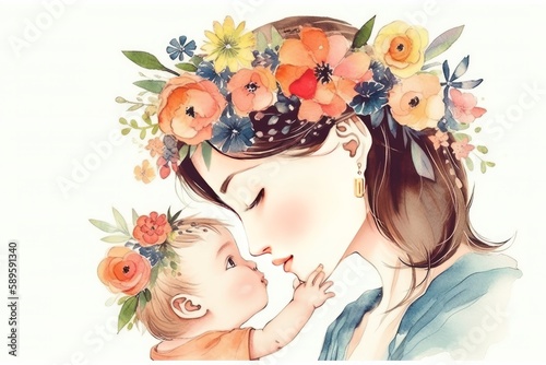 Mother and daughter in a wreath of flowers. Watercolor illustration  Generative Ai