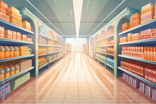 Supermarket interior with shelves full of products. 3d Render illustration, Generative Ai © Angus.YW