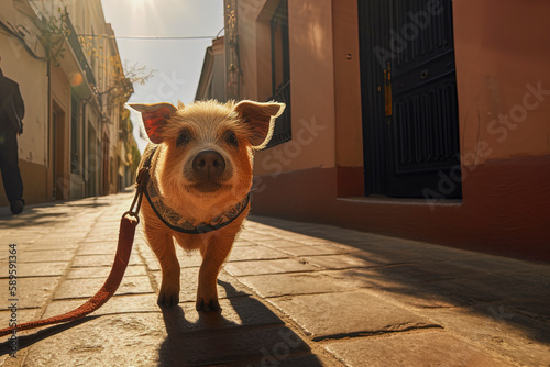Domestic pig on leash on street in back light while walking photo