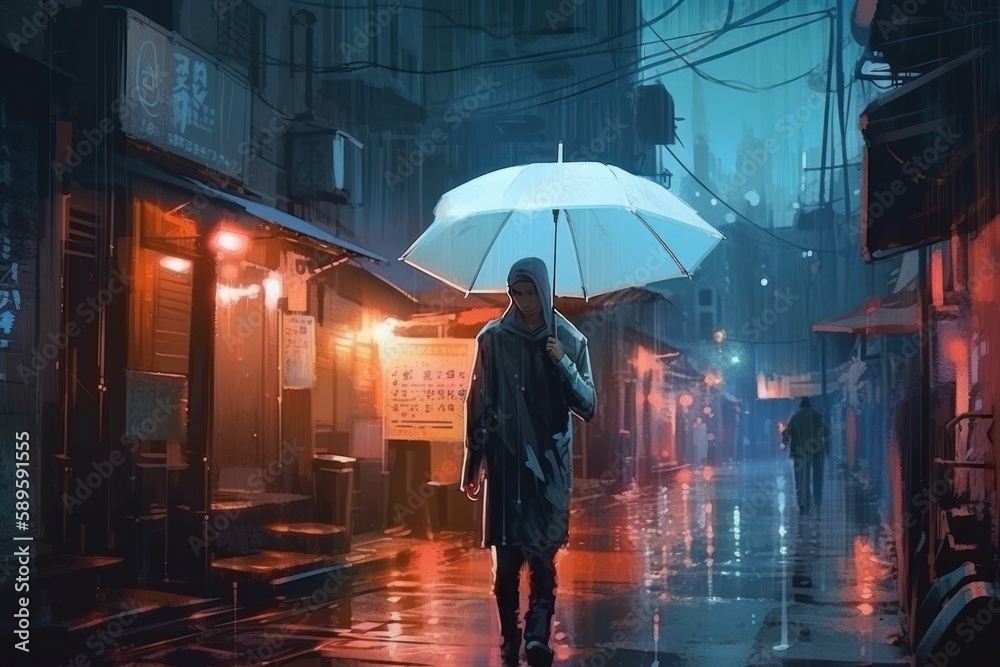 A man in a raincoat and an umbrella walks along the street at night ...