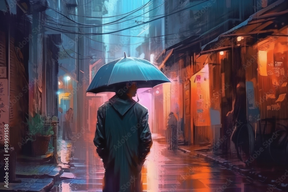 A man in a raincoat and an umbrella walks along the street at night. Concept art, illustration style, Digital drawing, Cyberpunk, Generative Ai
