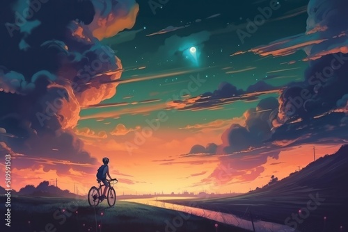 A cyclist rides a bicycle on the road at sunset. 3D rendering  Japan Cartoon Style  Generative Ai