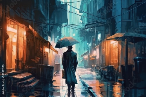 A man in a raincoat and an umbrella walks along the street at night. Concept art, illustration style, Digital drawing, Cyberpunk, Generative Ai © Angus.YW