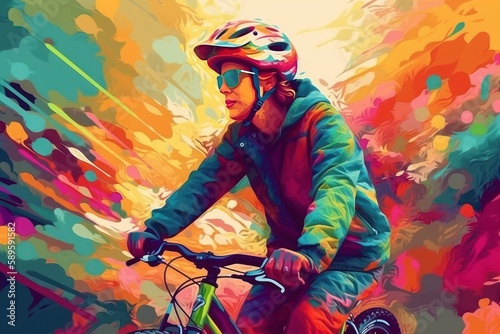 Portrait of a young man in a helmet and glasses riding a bicycle in the city. Colorful painting.