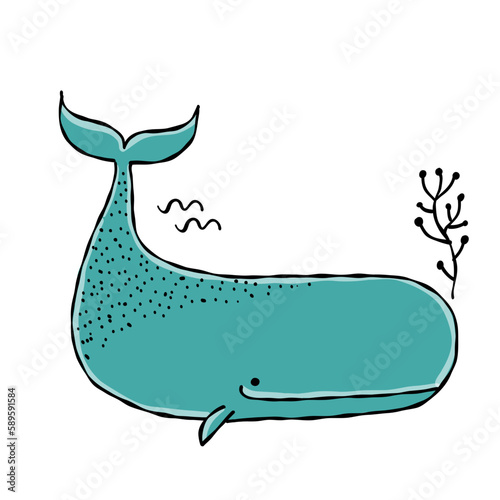 Funny wild whale character. Childish style icon, turquoise colors. Isolated on white for your design