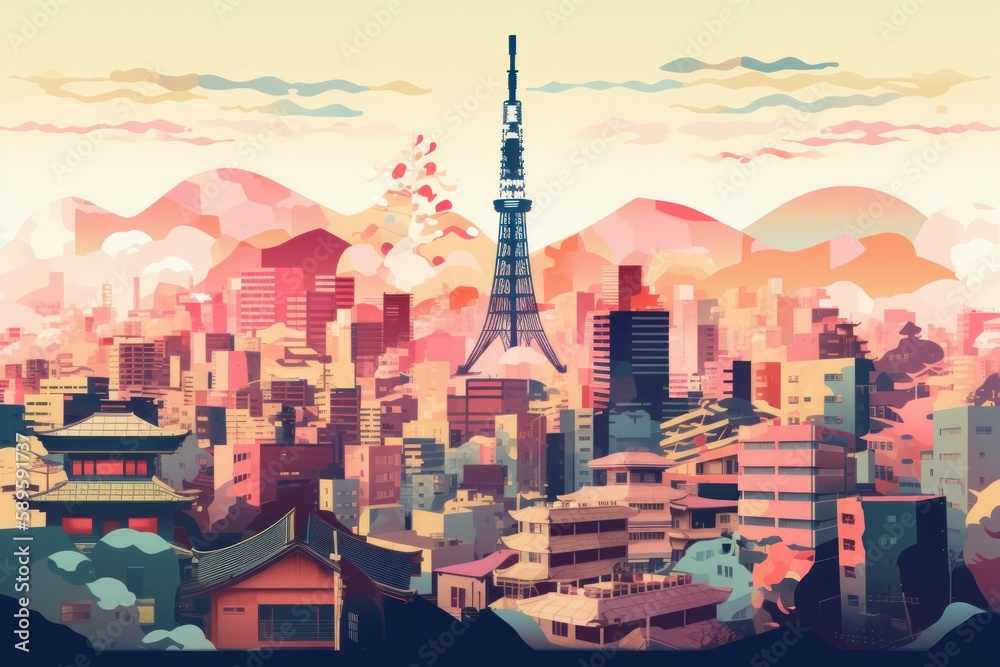 Tokyo skyline with Tokyo Tower. Digital illustration in retro style ...