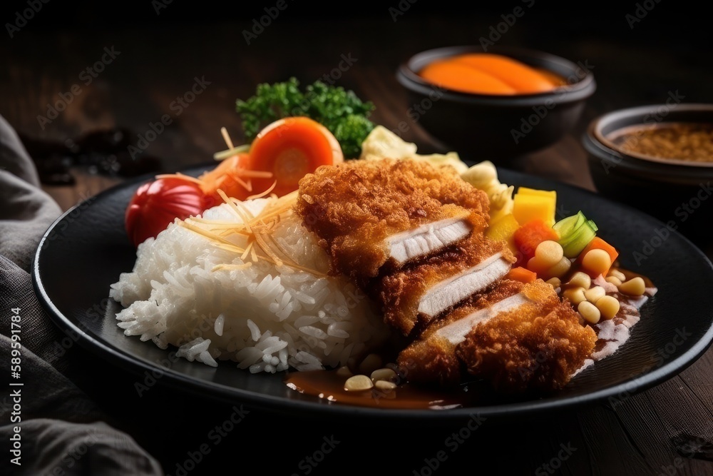 Japanese fried pork cutlet served with rice, Generative Ai Japanese fried pork cutlet served with rice, Generative Ai