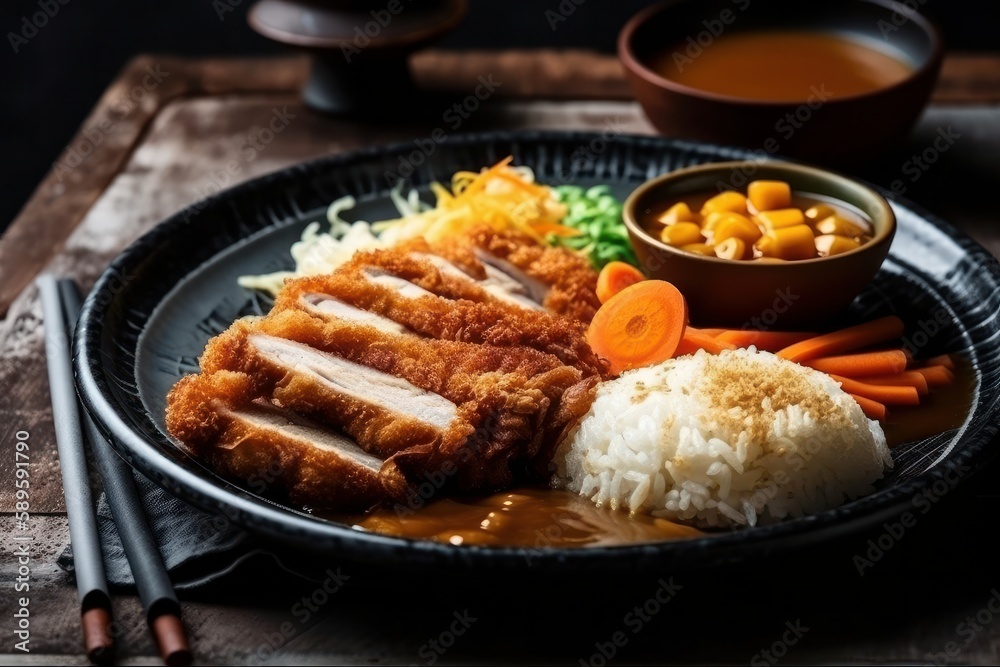 Japanese fried pork cutlet (Tonkatsu) with rice and vegetable, Generative Ai