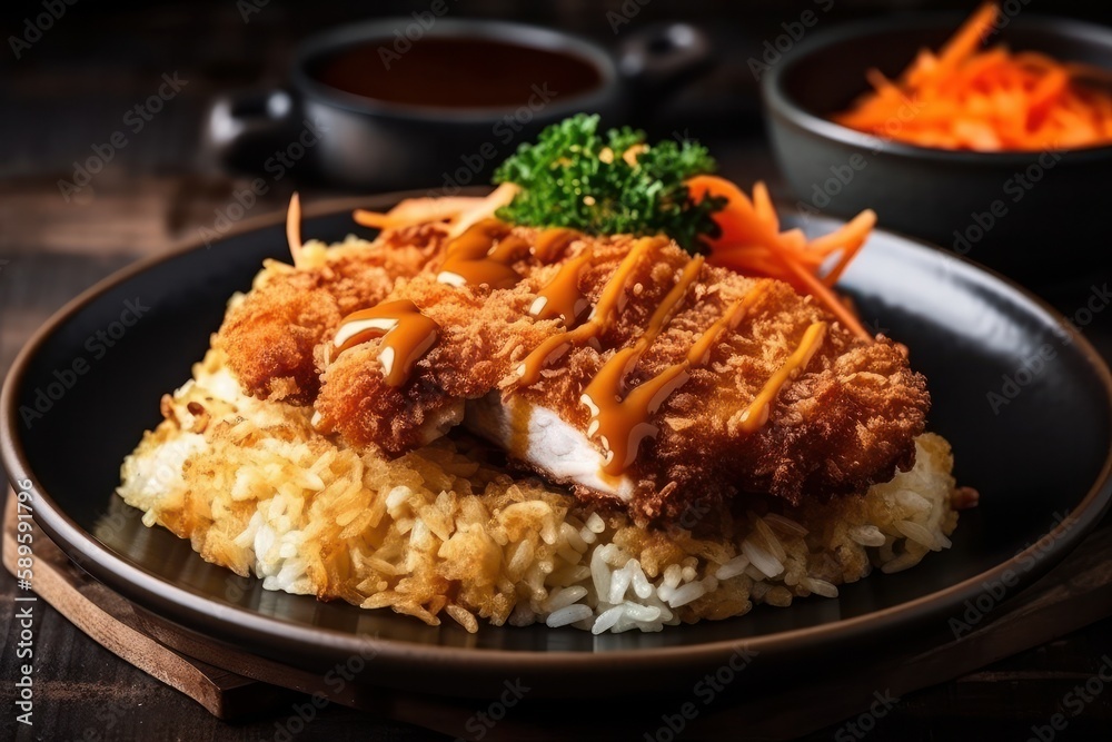 Japanese food, Tonkatsu with rice and carrot on wooden background, Generative Ai Japanese food, Tonkatsu with rice and carrot on wooden background, Generative Ai
