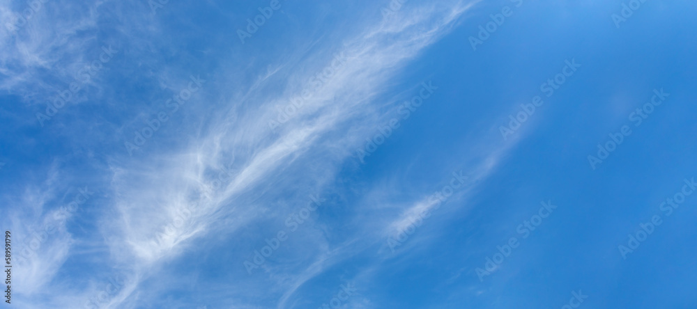 Natural white cirrus clouds as feathers are diagonally on blue sky. Skyscape. Banner. Copy space. Natural white cirrus clouds as feathers are diagonally on blue sky. Skyscape. Banner. Copy space.