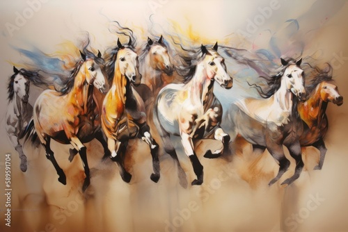 Horses in motion, watercolor painting on canvas, hand drawing