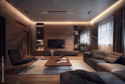 3d rendering interior of modern living room with wooden wall and tv  Generative Ai