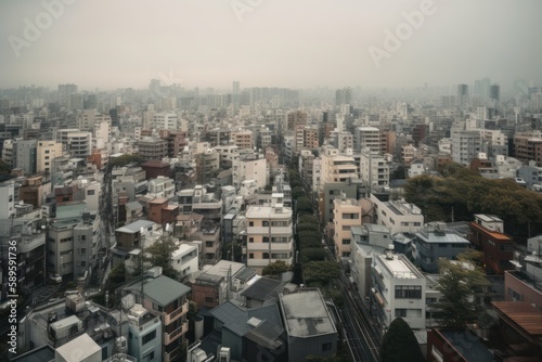 Cityscape of Osaka, Japan in a rainy day. Retro style, Generative Ai