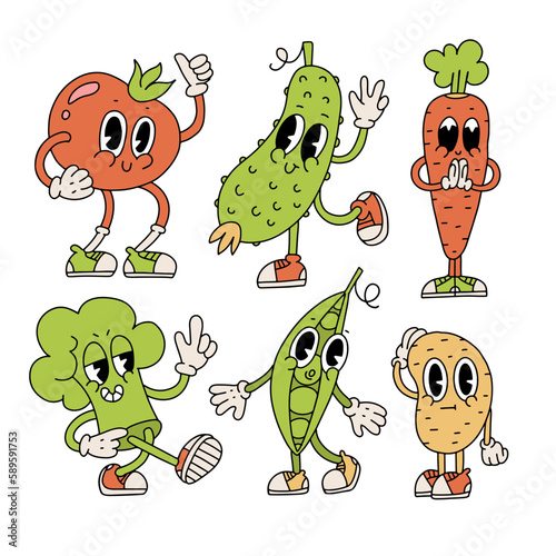 Set of groovy retro cartoon vegetables characters. Collection of cute comics veggie mascots. Hand drawn contour illlstration in 70s retro vibes style.