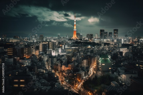 Tokyo city skyline at night, Japan. Toned image, Generative Ai