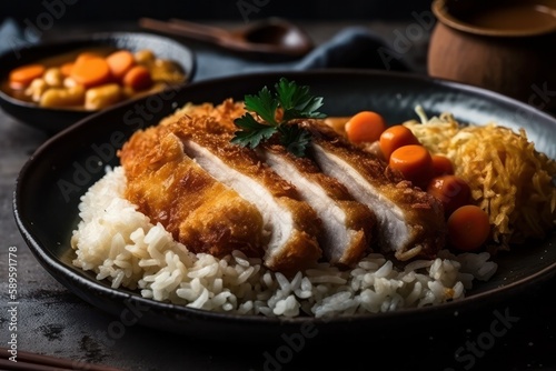 Crispy pork cutlet with rice, carrot and parsley, Generative Ai