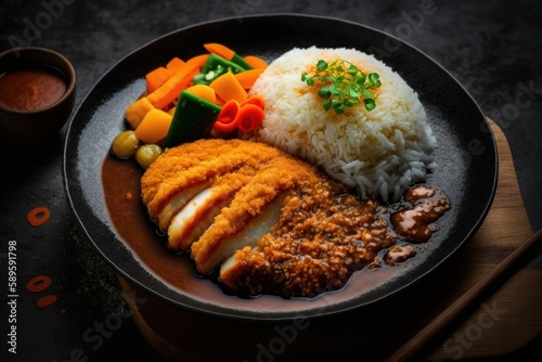 Japanese food, fried pork cutlet with rice and vegetables on black plate, Generative Ai