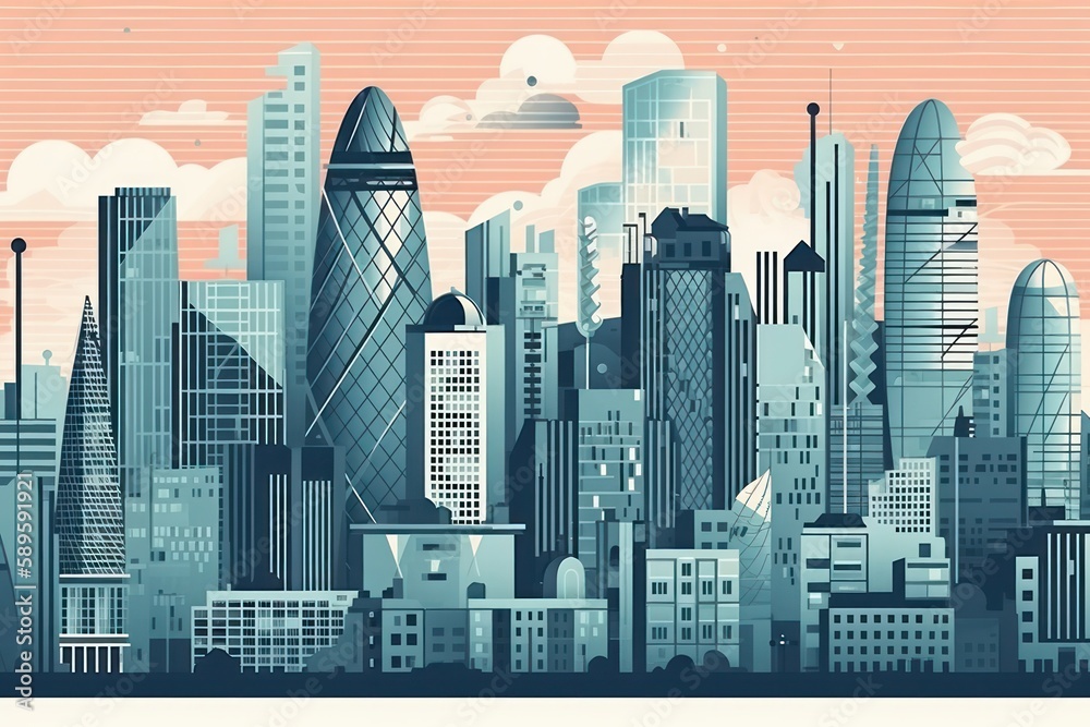 Modern city background with skyscrapers and buildings. Digital illustration, generative Ai