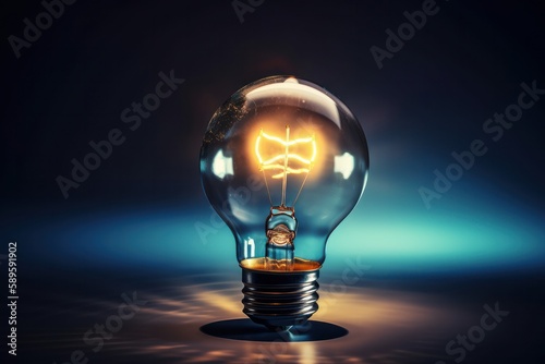 , Generative AiaAn illuminated fluorescent light bulb on an dark blue background with copy space, Generative Ai