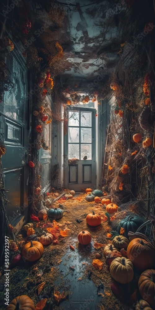 interior of the house decorated for Halloween pumpkins, webs and spiders. Generative Ai.