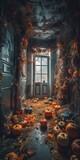 interior of the house decorated for Halloween pumpkins, webs and spiders. Generative Ai.