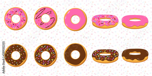 A set of sweet donuts with different glazing viewed from various angles
