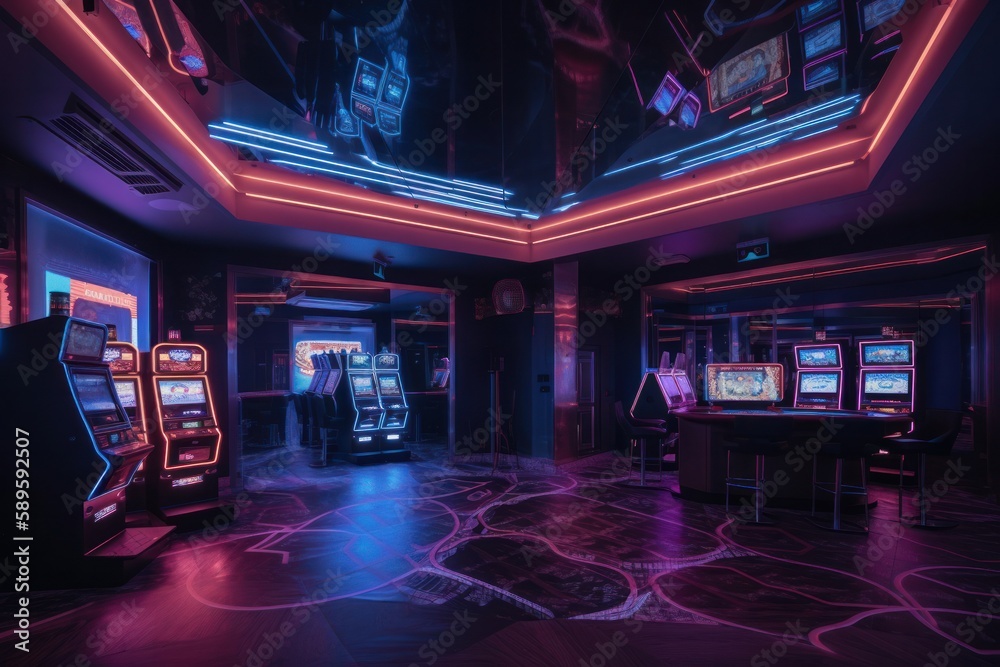 Futuristic luxury casino interior with neon lights, Night club. Blue and purple toned