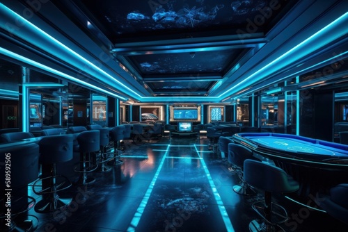 Futuristic luxury casino interior with neon lights  Night club. Blue colour  Generative Ai