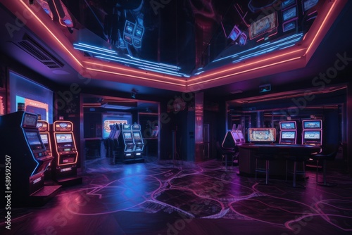 Futuristic luxury casino interior with neon lights, Night club. Blue and purple toned © Angus.YW