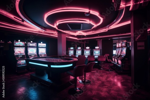 Futuristic luxury casino interior with neon lights  Night club. Blue and purple toned