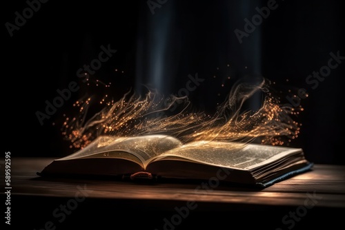 Book with magic light on wooden table. Halloween or horror concept, generative Ai