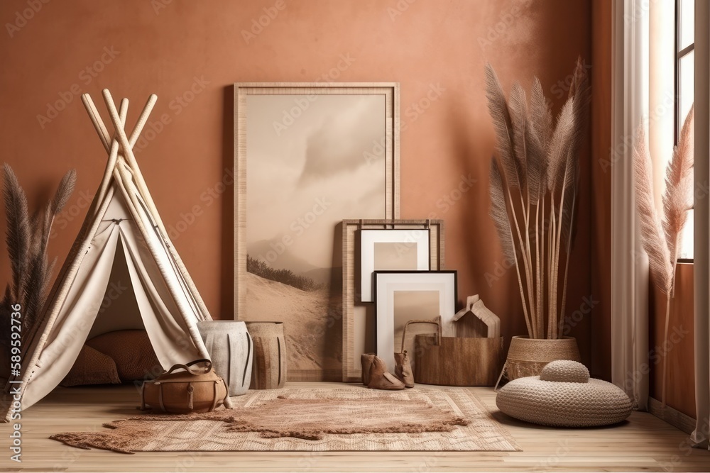 Interior of living room with wigwam, photo frames and decorative elements, Generative Ai Interior of living room with wigwam, photo frames and decorative elements, Generative Ai