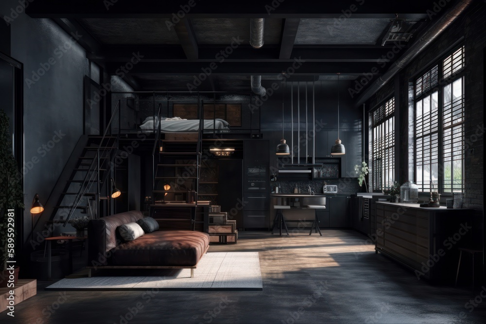 Interior of modern living room with black walls, concrete floor, loft windows and brown sofa. 3d rendering, Generative Ai Interior of modern living room with black walls, concrete floor, loft windows and brown sofa. 3d rendering, Generative Ai