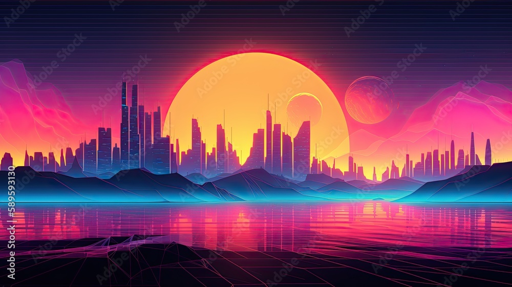 80s Dance Party at a Synth Wave Retro City Sunset: Postproducted Digital Illustration. Generative AI