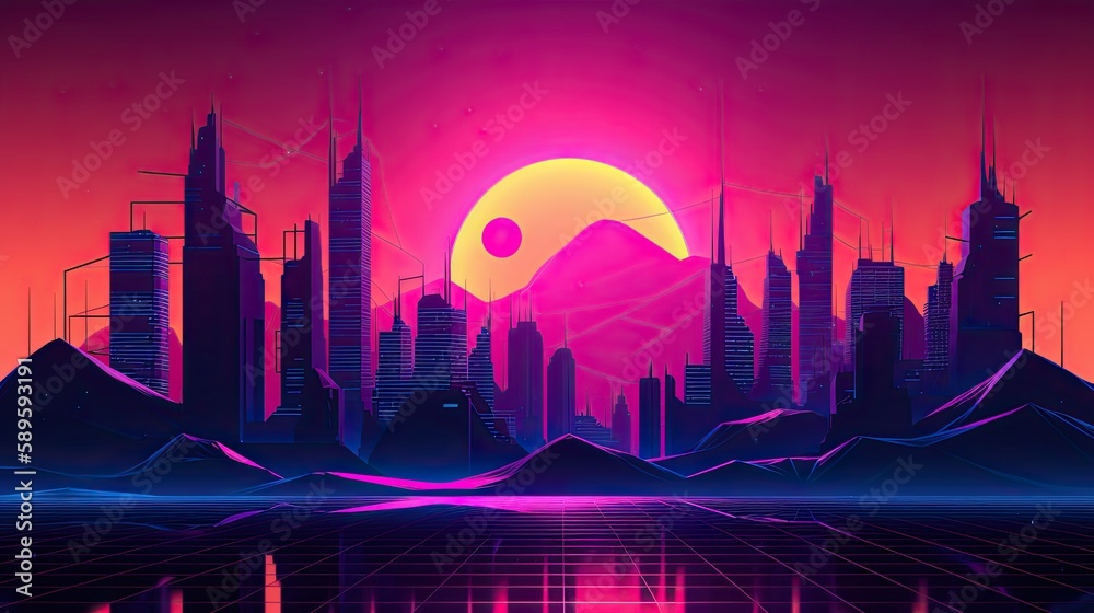 80s Retro Sunset Cityscape: Electronic Party at the Beach with Feathered Silhouette, Neon Lights, and a Futuristic Game Feel: Generative AI