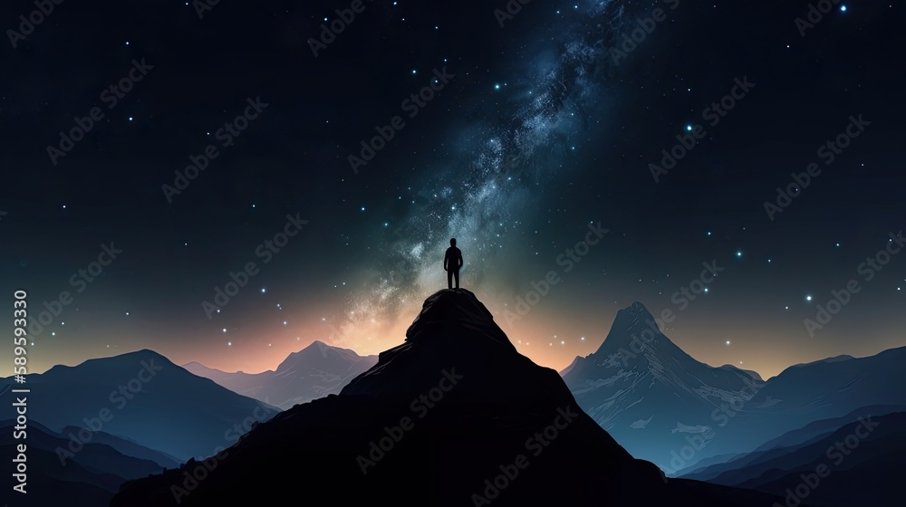 Standing at the Peak of Nature: A Man Takes in a Night-Time Mountain Landscape Filled with Stars: Generative AI
