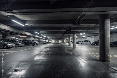 Inside Look: An Underground Parking Garage for Cars - Perspective View, Generative AI