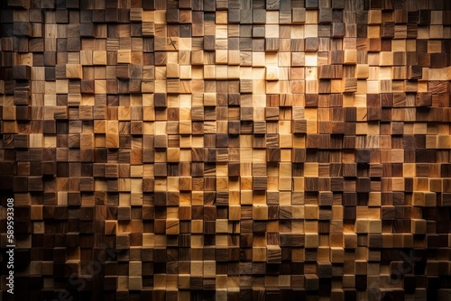Home Design Transformation: Interior Wall Decorated with Wood, Creative Room Style Featuring Carved Patterns and Textured Mosaics of Colourful Bamboo Cubes: Generative AI