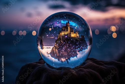 Night of Majesty: Macro Photography of Princess Castle in a Glass Ball with Beautiful Fireworks, Ocean, and Cliff Top: Generative AI