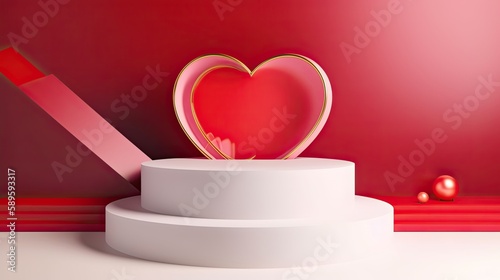 Red Heart and White Platform: An Abstract Valentine's Day Dais with a Three-Dimensional Banner of Gold and Circle Art Presentation: Generative AI